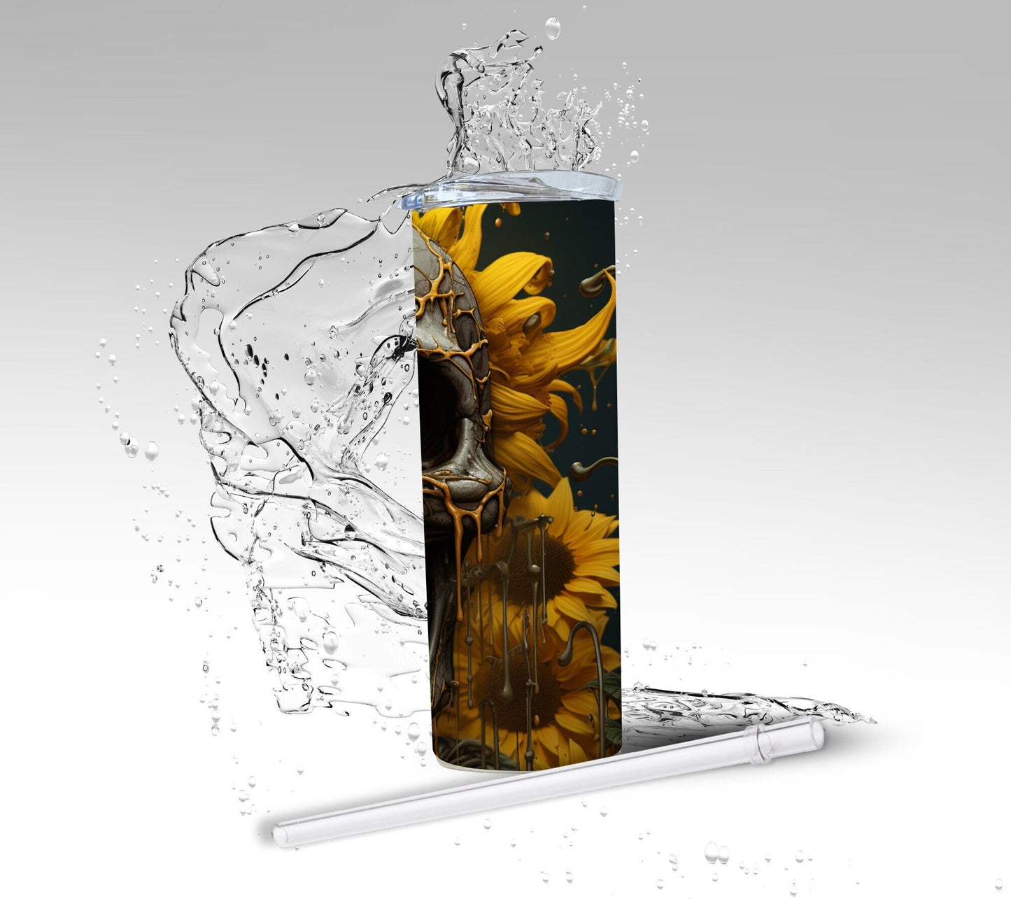 Yellow Sunflower Skull, Sublimated 20 oz Skinny Tumbler