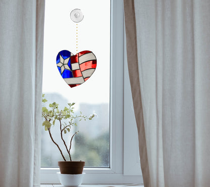 Stained Glass: Sun Catchers Texas Flag Heart Stained Glass, Holiday Decor For Windows