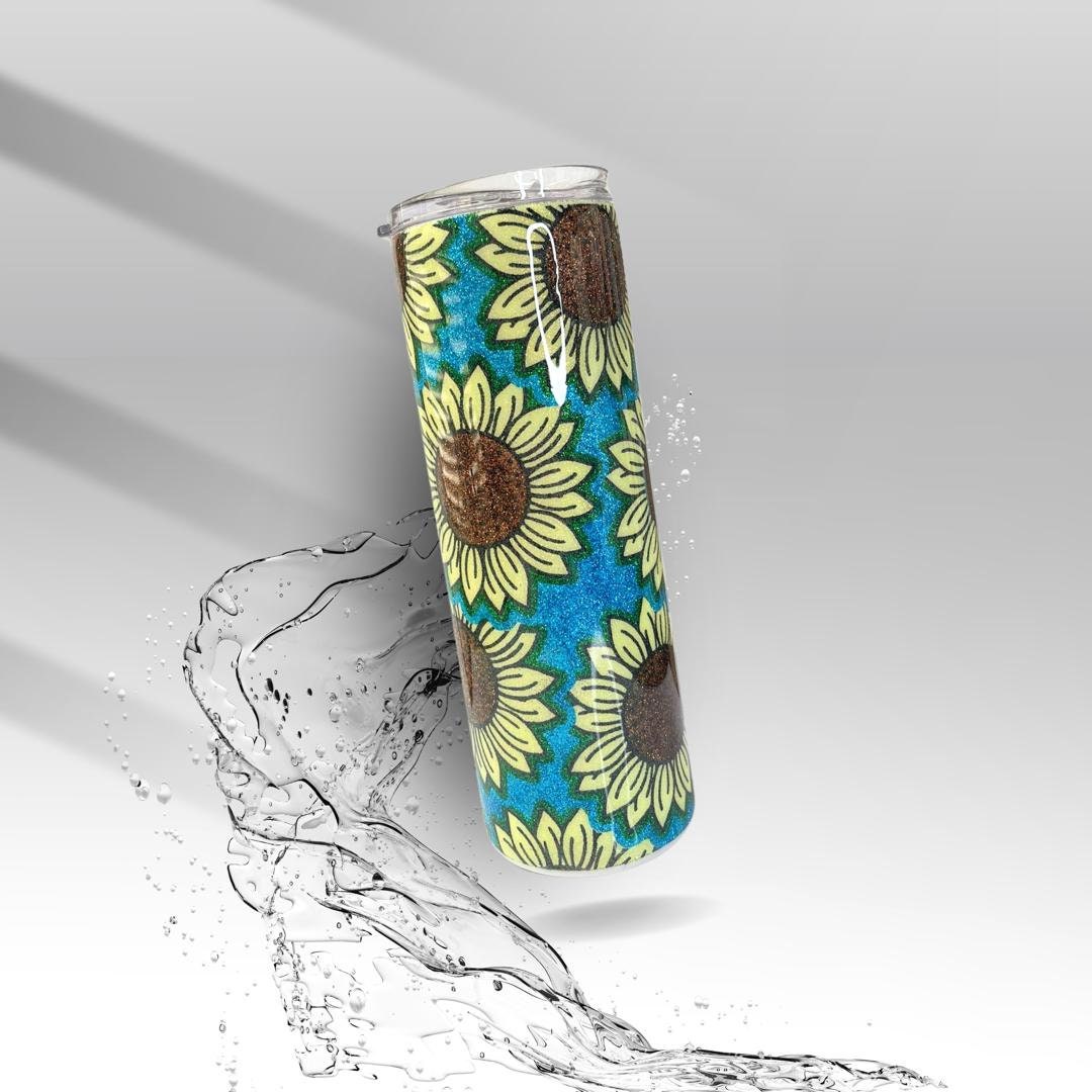 Aqua Blue & Sunflowers, Epoxy Insulated Tumbler