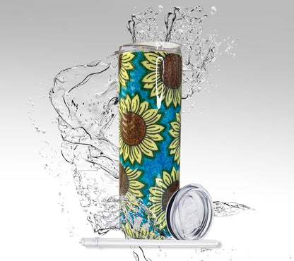 Aqua Blue & Sunflowers, Glitter Epoxy 20oz Skinny Tumbler