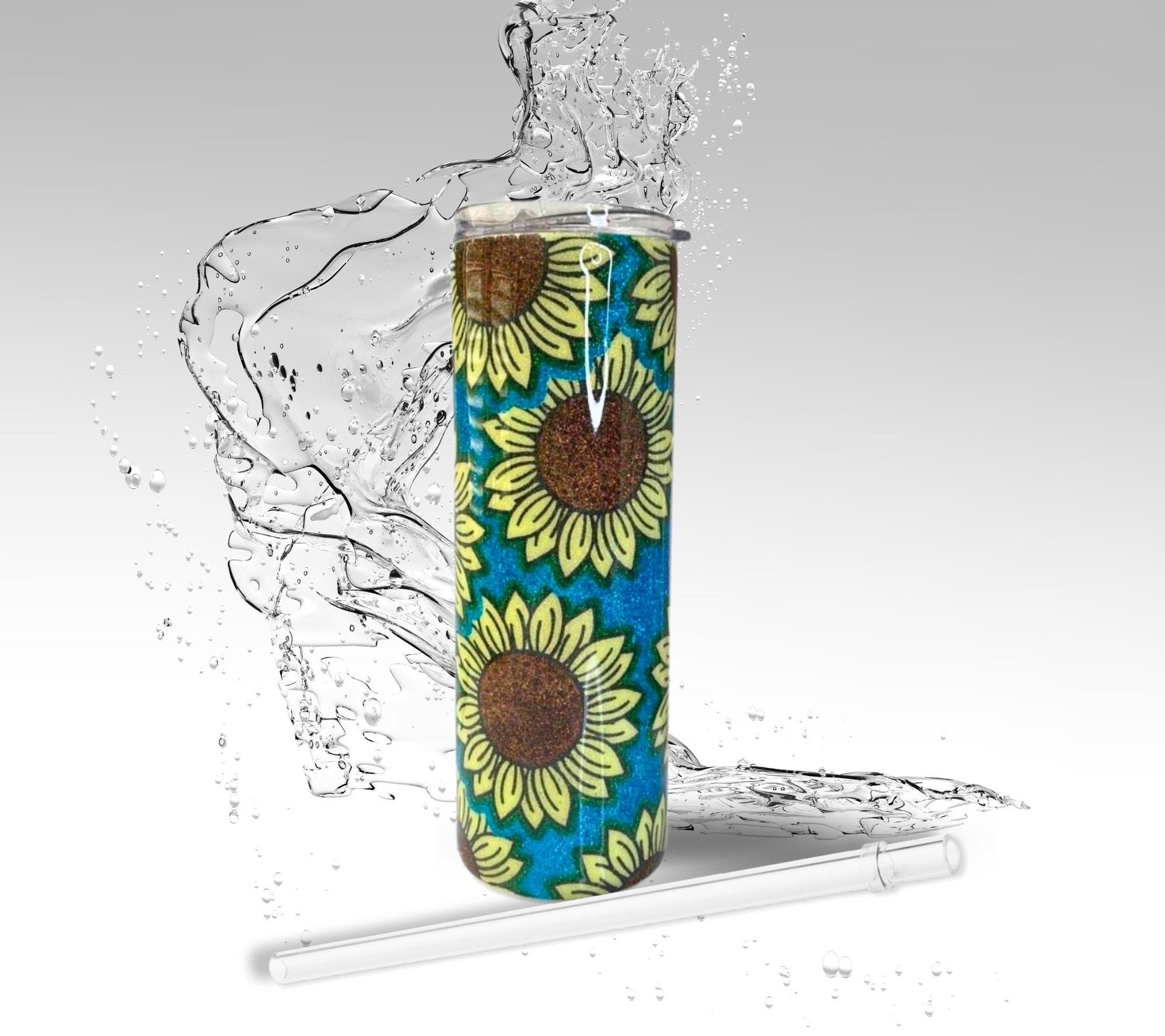 Aqua Blue & Sunflowers, Glitter Epoxy 20oz Skinny Tumbler