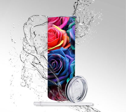 3D Rainbow Roses, Sublimated 20 oz Skinny Tumbler