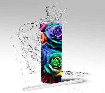 3D Rainbow Roses, Sublimated 20 oz Skinny Tumbler