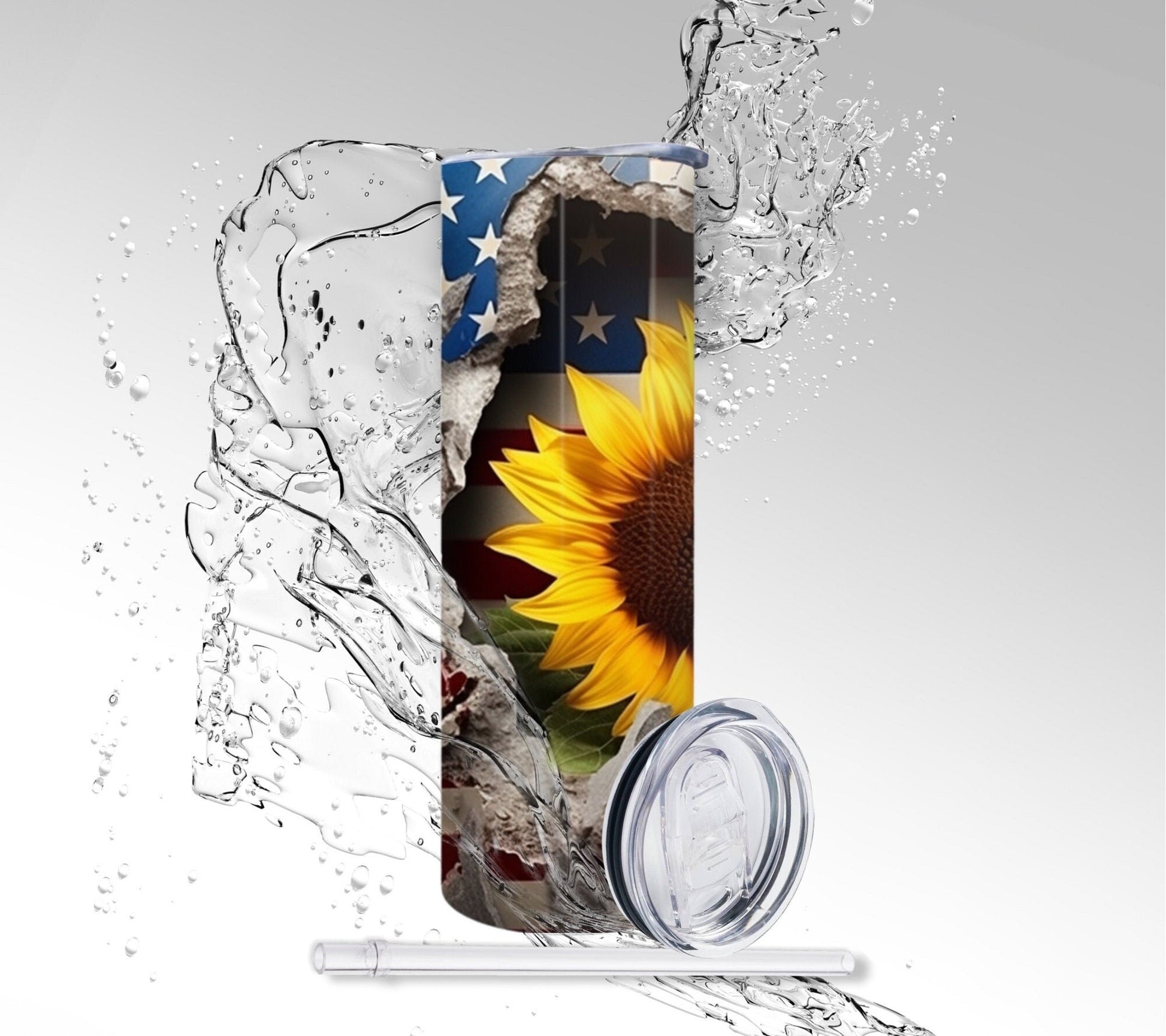 American Flag 3D Sunflower, Sublimated 20 oz Skinny Tumbler