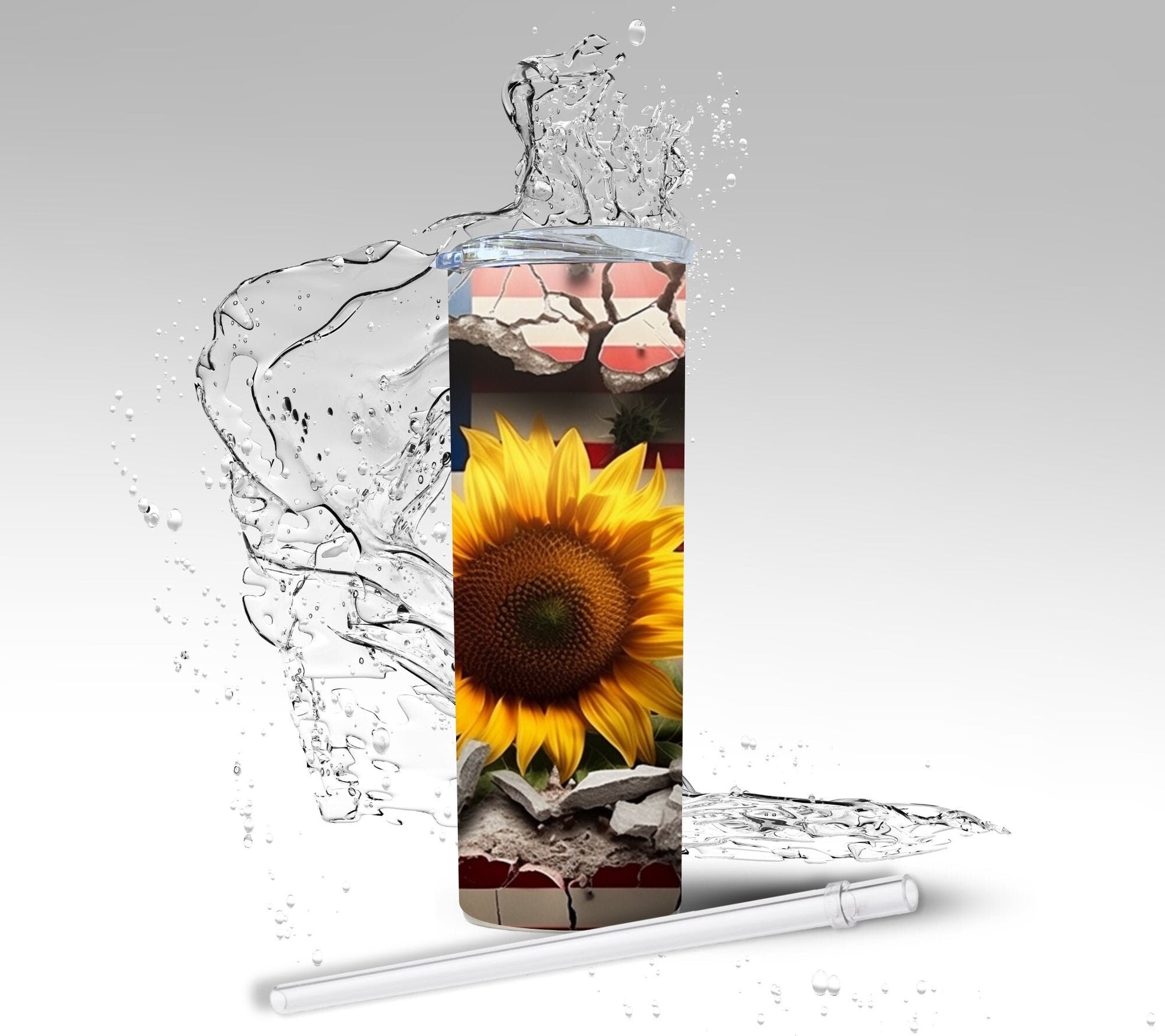 American Flag 3D Sunflower, Sublimated 20 oz Skinny Tumbler