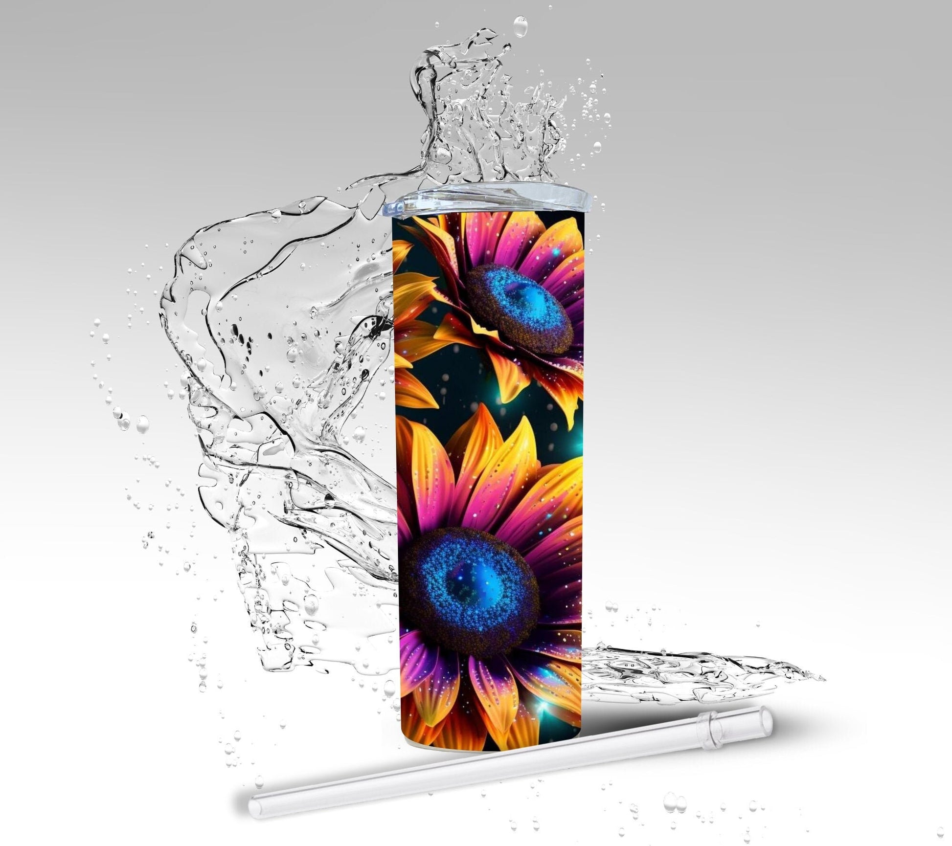 Rainbow 3D Sunflowers, Sublimated 20 oz Skinny Tumbler