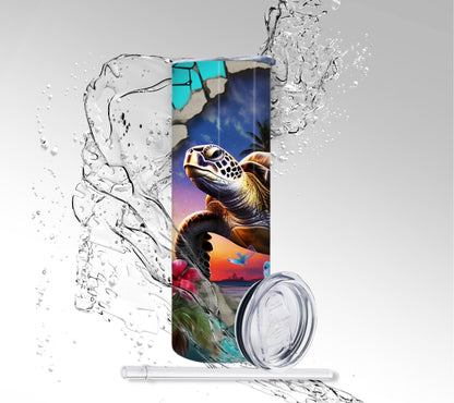 Blue Cracked Wall Sea Turtle, Sublimated 20 oz Skinny Tumbler