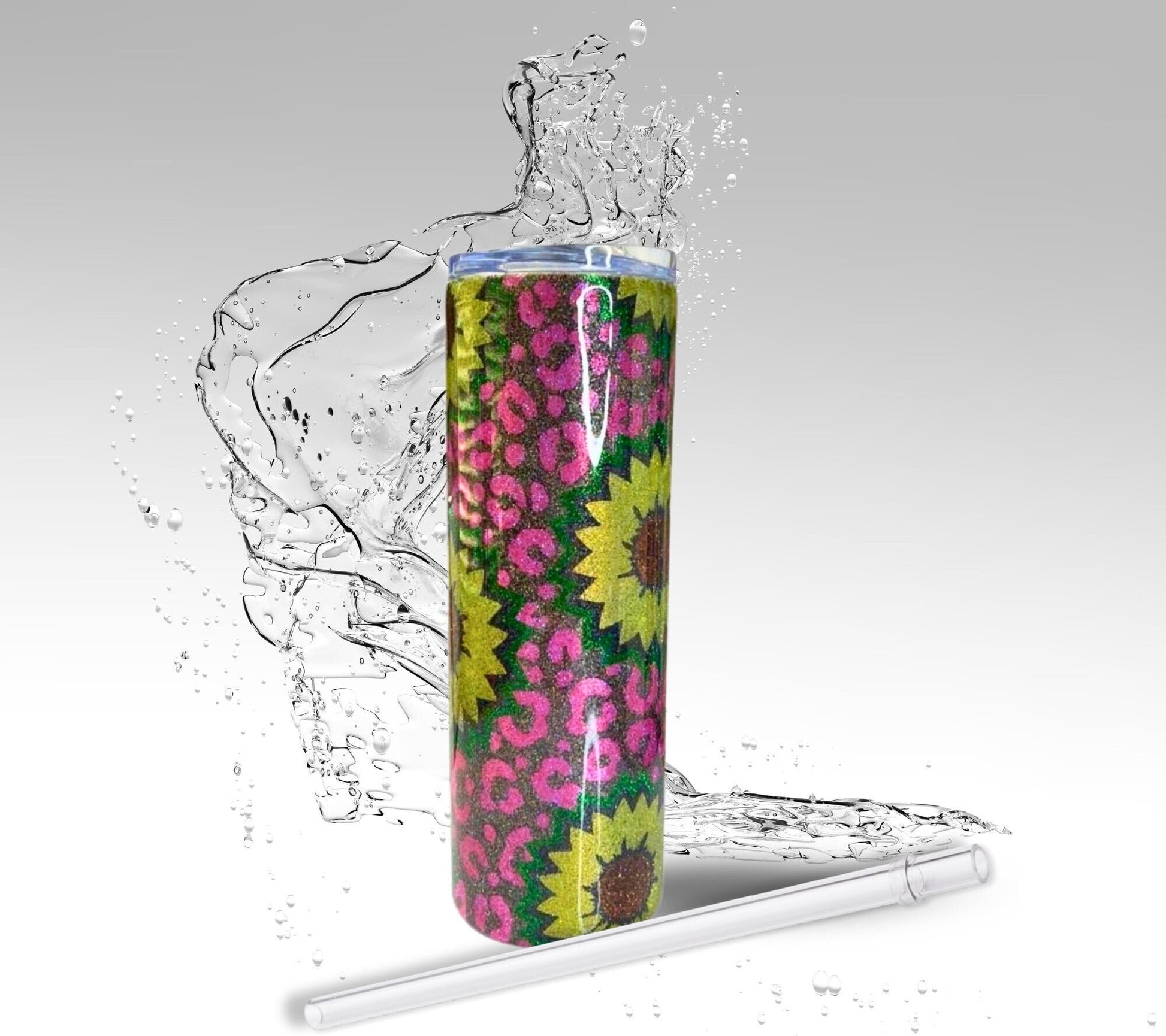 Sunflower Leopard Print, Glitter Epoxy 20oz Skinny Tumbler