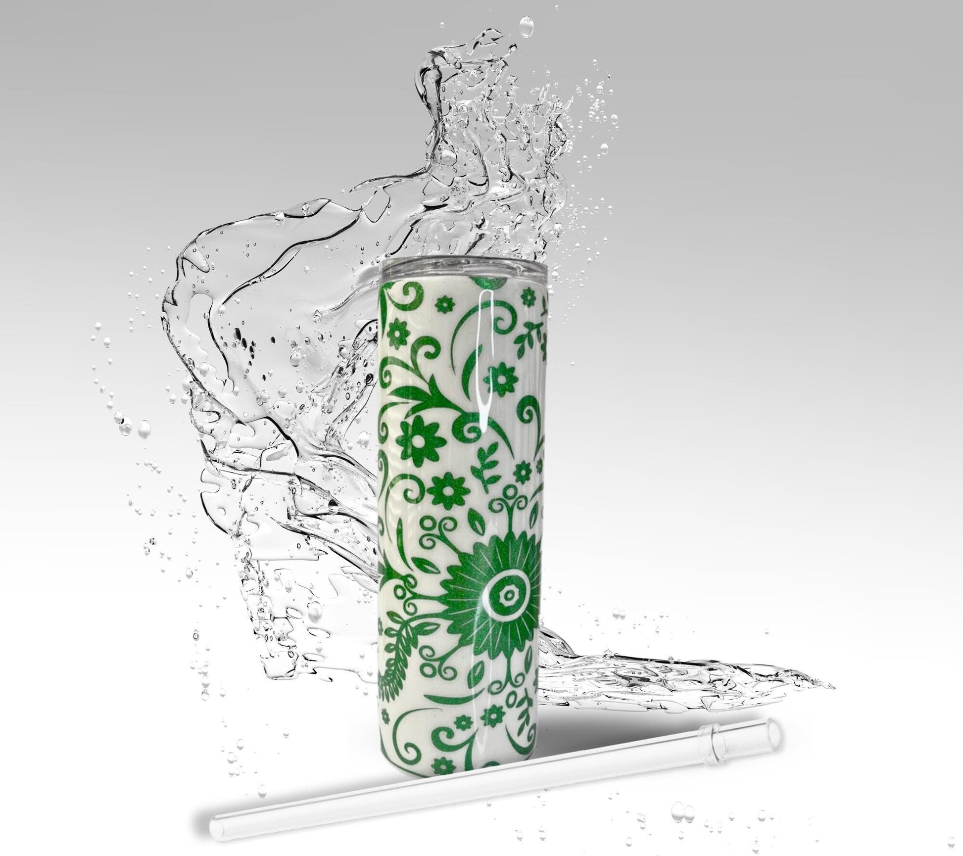 Green Paisley Flowers, Glitter Epoxy 20oz Skinny Tumbler