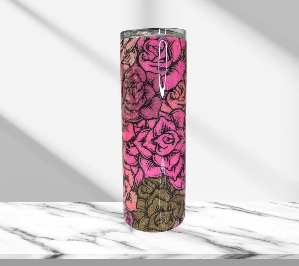 Pink & Gold Roses, Glitter Epoxy 20oz Skinny Tumbler