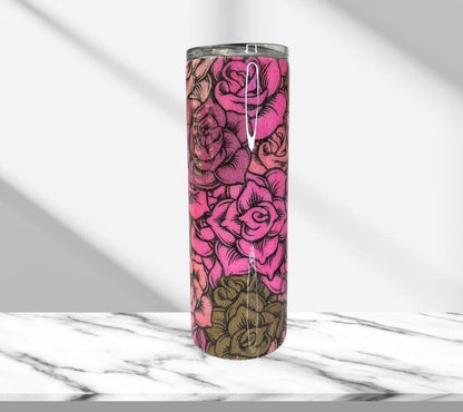 Pink & Gold Roses, Glitter Epoxy 20oz Skinny Tumbler