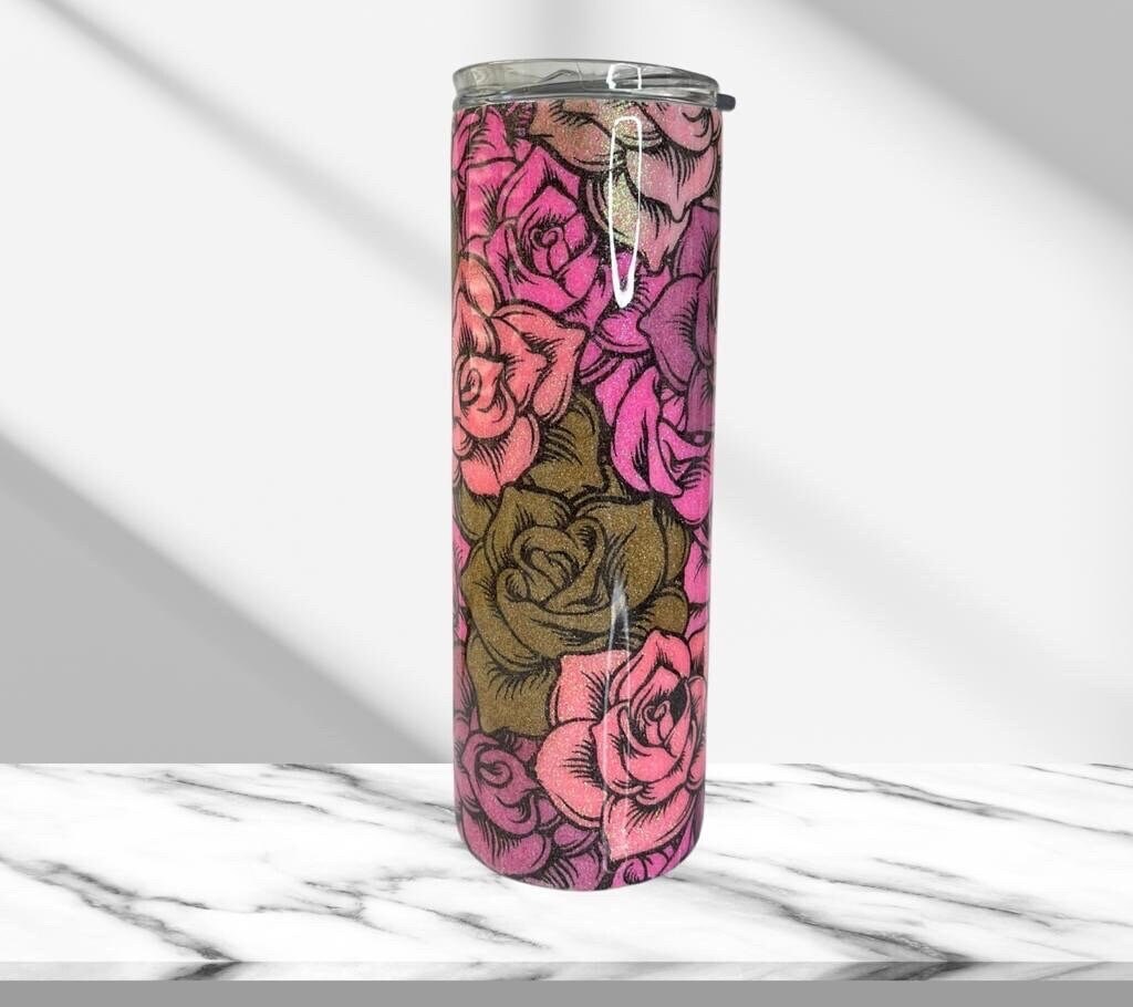 Pink & Gold Roses, Glitter Epoxy 20oz Skinny Tumbler