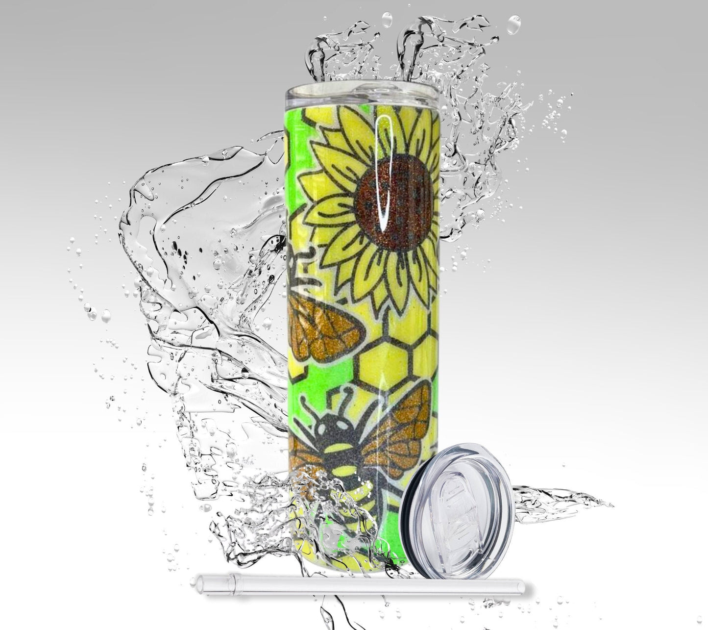 Honey Bee Sunflowers, Glitter Epoxy 20oz Skinny Tumbler