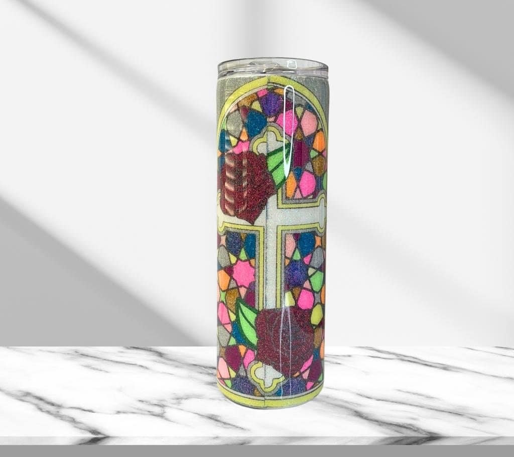 Stained Glass Cross & Flowers, Glitter Epoxy Custom oz Tumbler