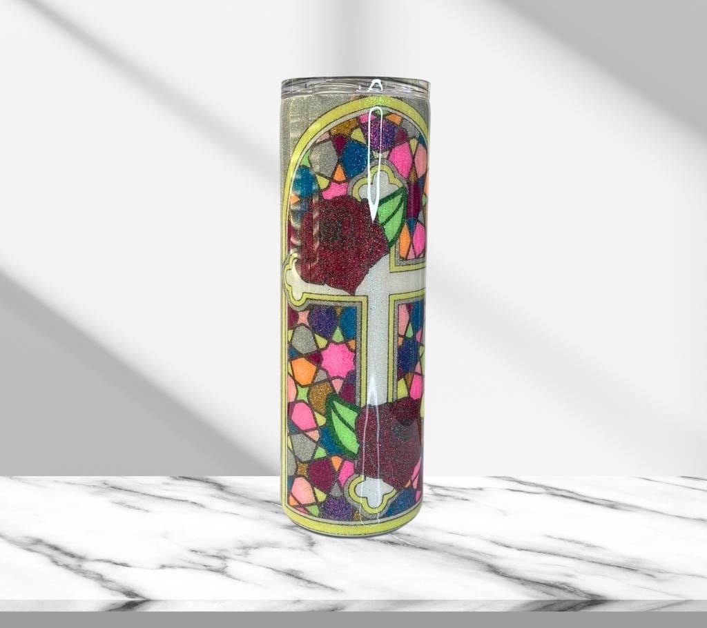 Stained Glass Cross & Flowers, Glitter Epoxy Custom oz Tumbler