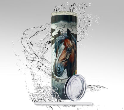 3D Cracked Wall Horse, Sublimated 20 oz Skinny Tumbler