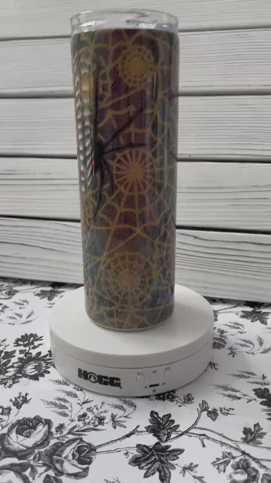 Halloween Tumbler, Black Widow Spider Web Tumbler, Glitter Epoxy 20 oz Skinny Tumbler