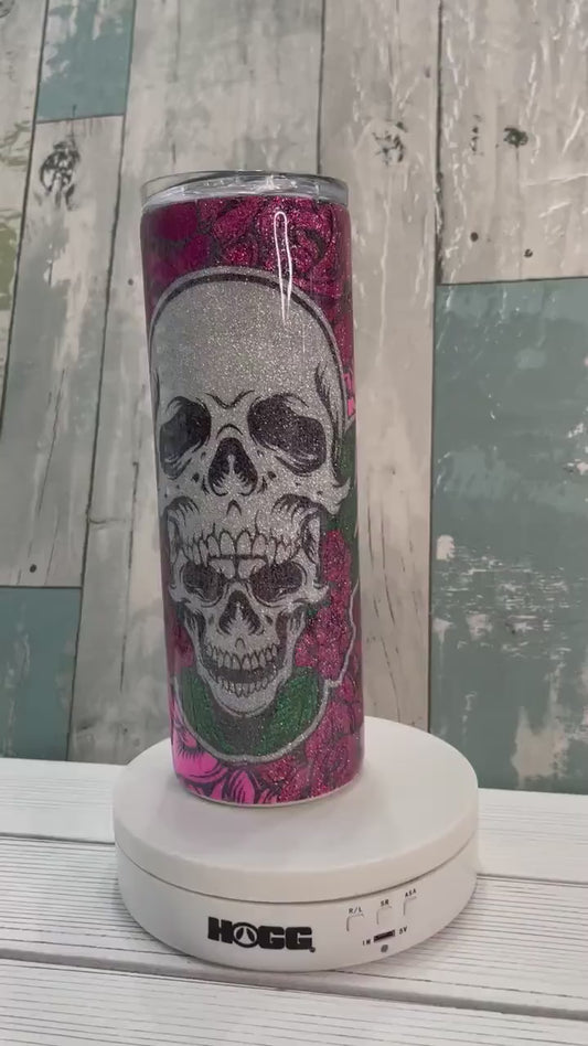 Pink Skulls & Roses, Glitter Epoxy 20oz Skinny Tumbler