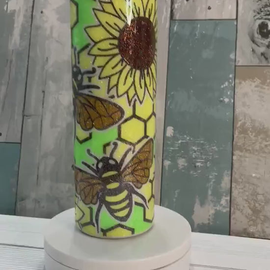 Honey Bee Sunflowers, Glitter Epoxy 20oz Skinny Tumbler