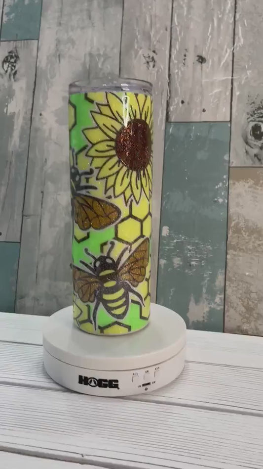 Honey Bee Sunflowers, Glitter Epoxy 20oz Skinny Tumbler