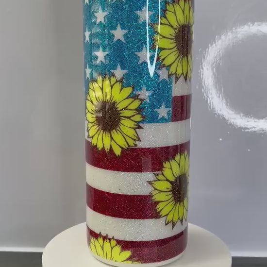 American Flag Sunflower, Glitter Epoxy 20 oz Skinny Tumbler