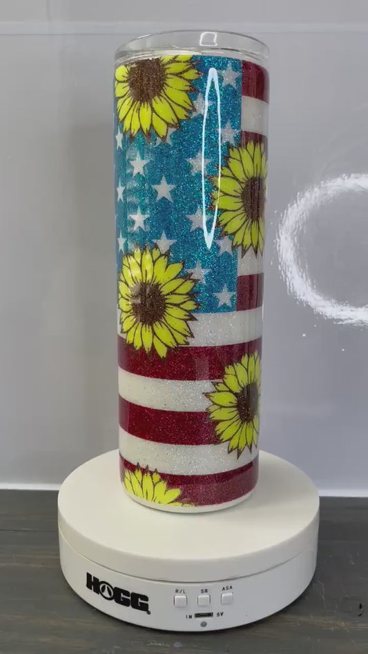 American Flag Sunflower, Glitter Epoxy 20 oz Skinny Tumbler