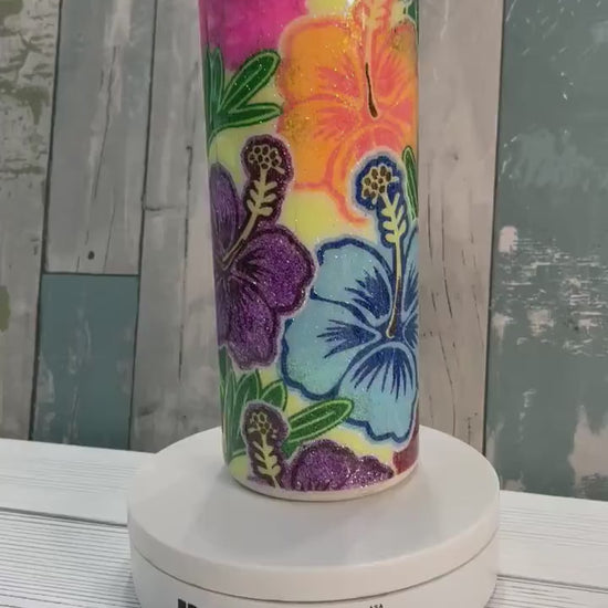 Neon Hawaiian Hibiscus Flowers, Epoxy 20 oz Skinny Tumbler