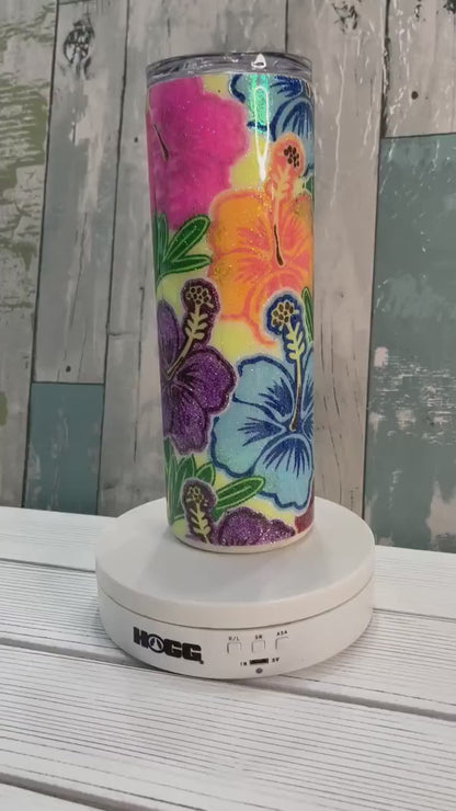 Neon Hawaiian Hibiscus Flowers, Epoxy 20 oz Skinny Tumbler