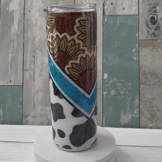 Cow Print & Sunflower, Glitter Epoxy 20oz Skinny Tumbler