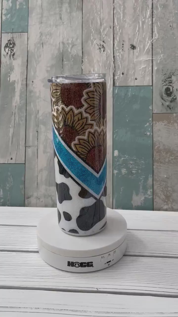 Cow Print & Sunflower, Glitter Epoxy 20oz Skinny Tumbler