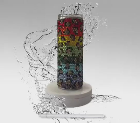 Rhinestone Tumbler: Rainbow Leopard , 20 oz Rhinestone Bling Skinny Tumbler