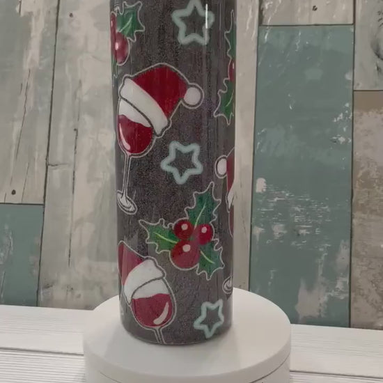 Christmas Holly & Wine, Glitter Epoxy 20 oz Skinny Tumbler