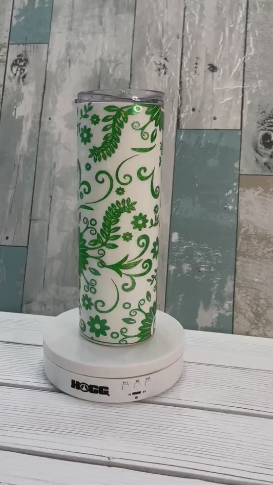 Green Paisley Flowers, Glitter Epoxy 20oz Skinny Tumbler