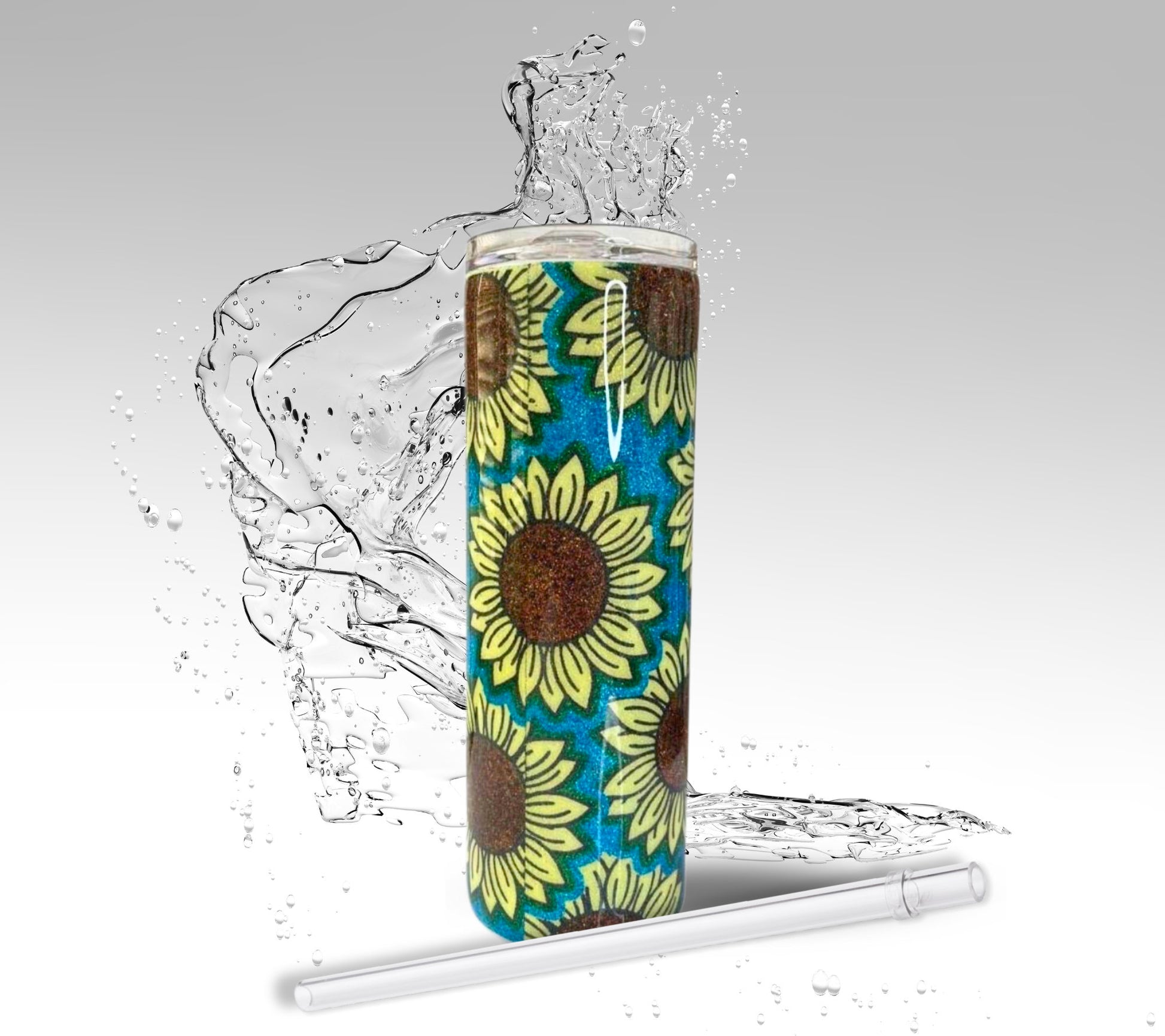 Aqua Blue & Sunflowers, Glitter Epoxy 20oz Skinny Tumbler