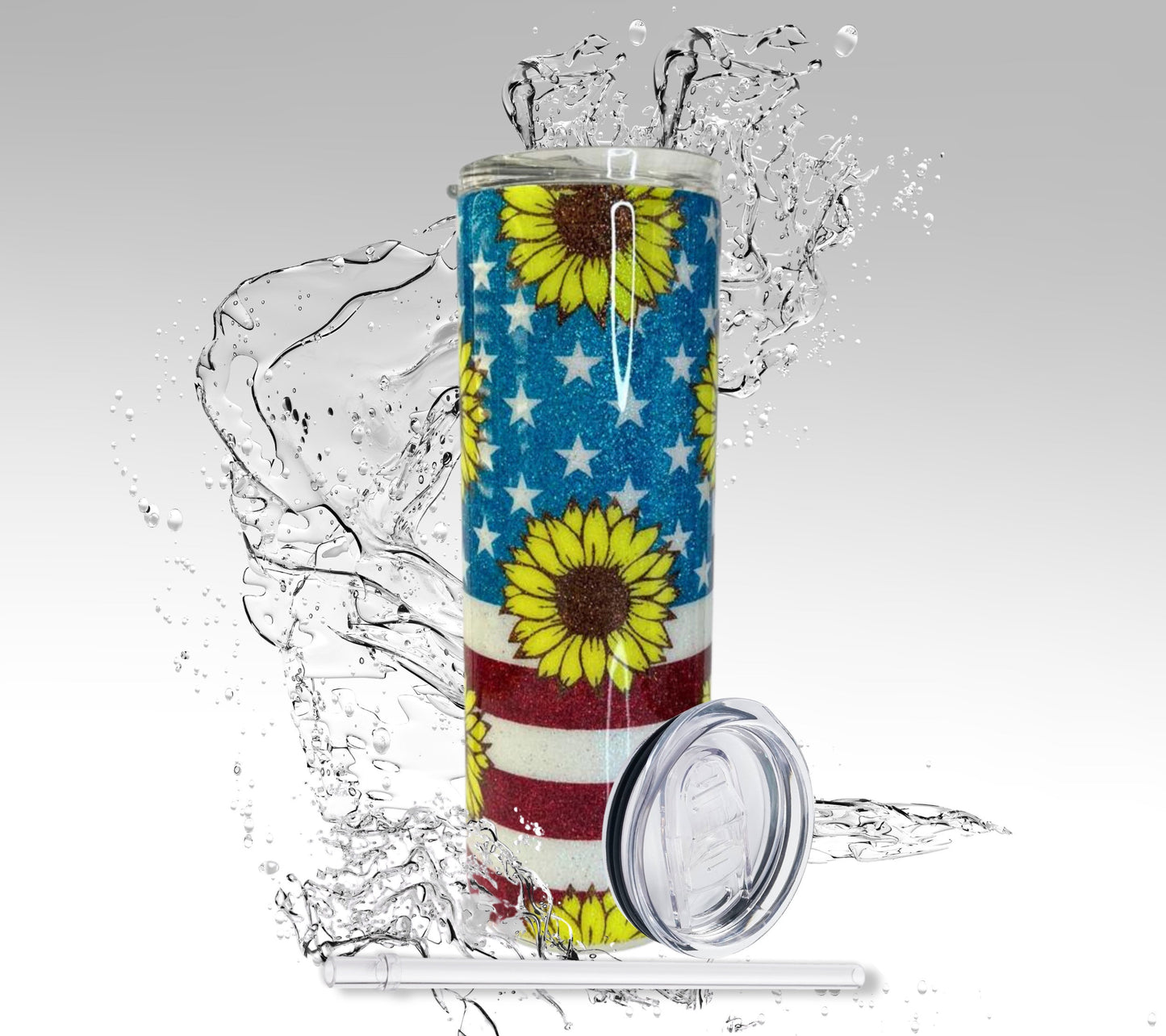 American Flag Sunflower, Glitter Epoxy 20 oz Skinny Tumbler
