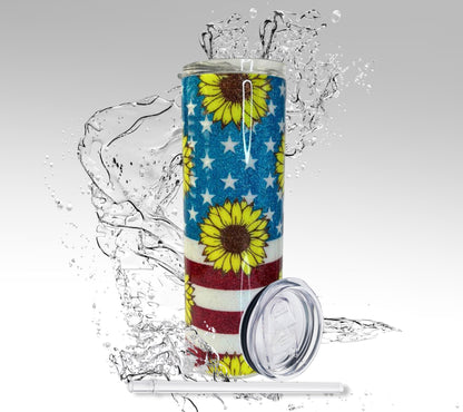 American Flag Sunflower, Glitter Epoxy 20 oz Skinny Tumbler